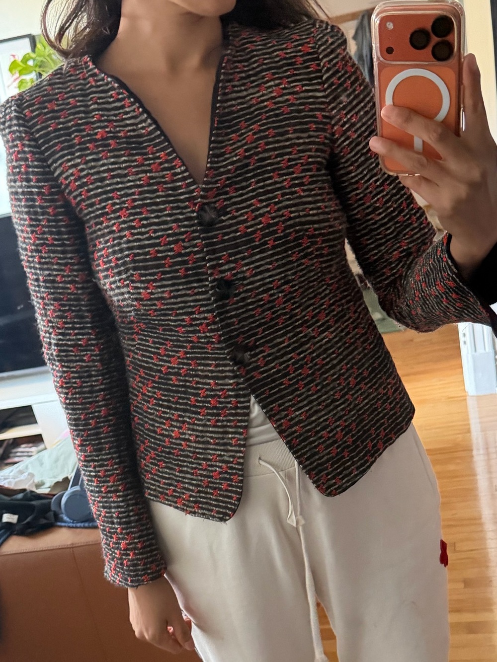 Armani Collezioni Black and Red Textured Tweed Blazer